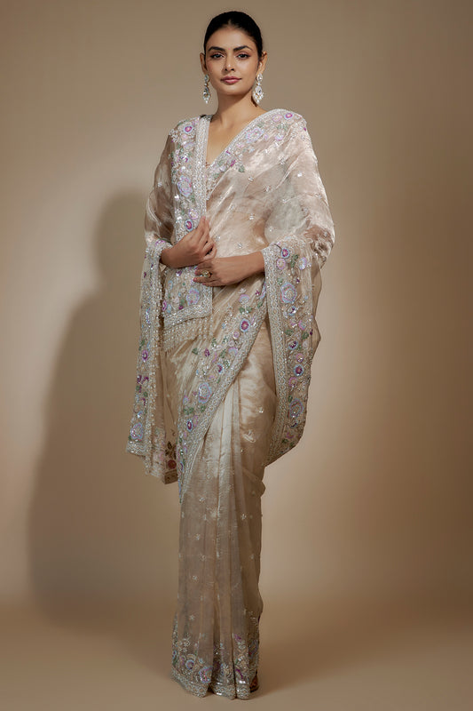 pink tissue organza sequin embellished saree set