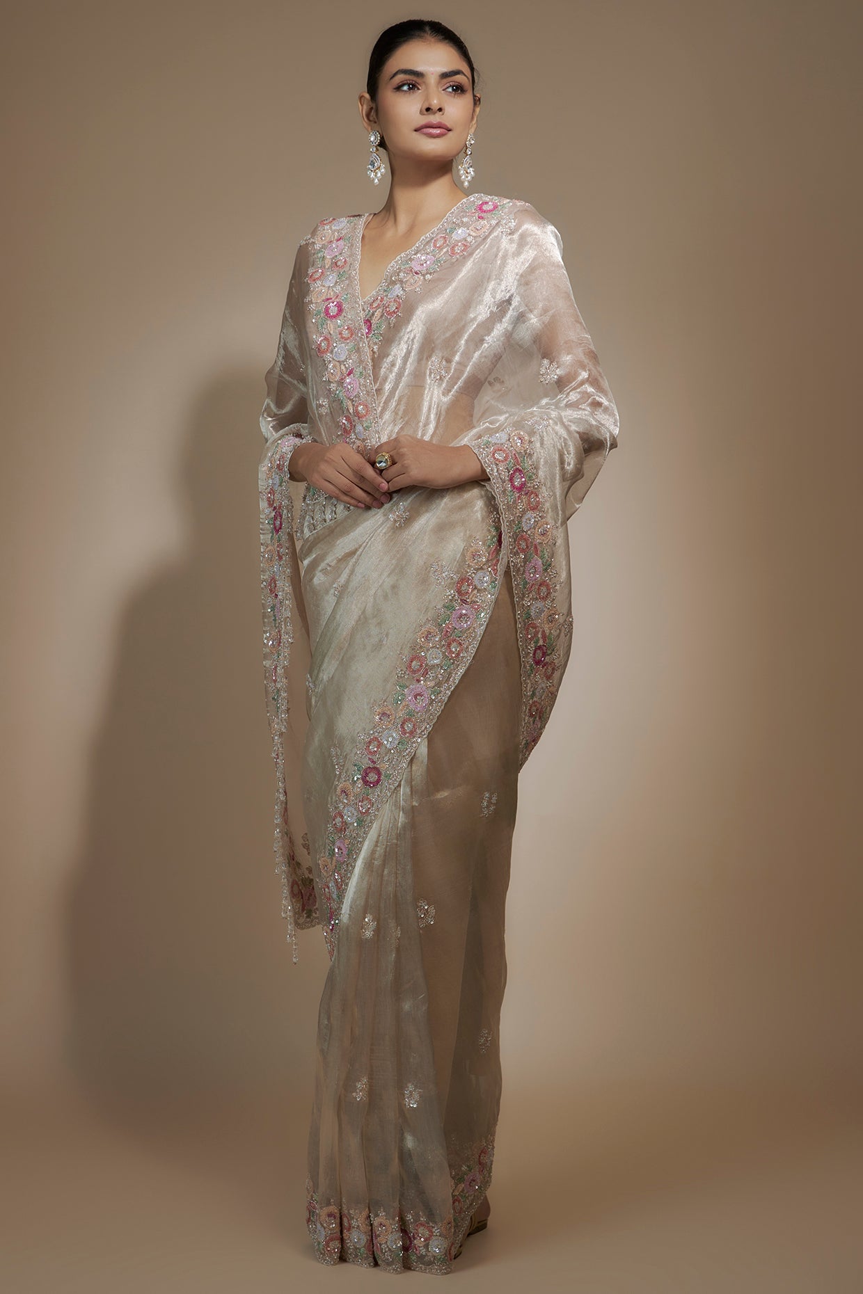 pink tissue organza sequin embellished saree set