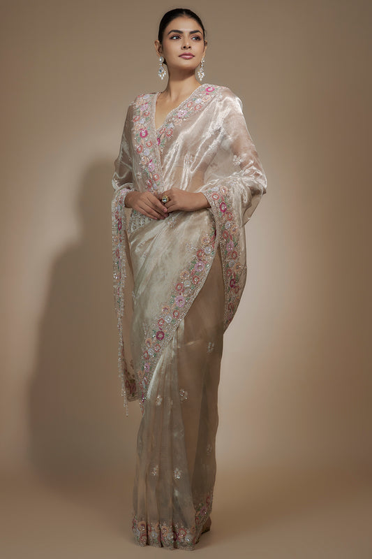 pink tissue organza sequin embellished saree set