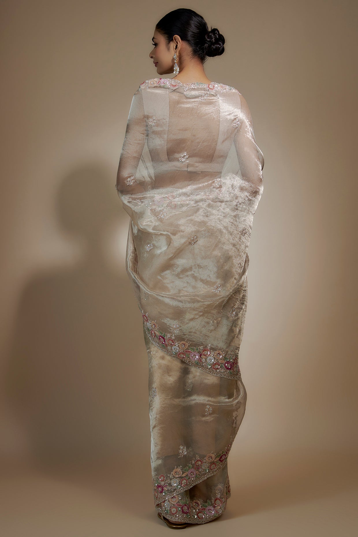 pink tissue organza sequin embellished saree set