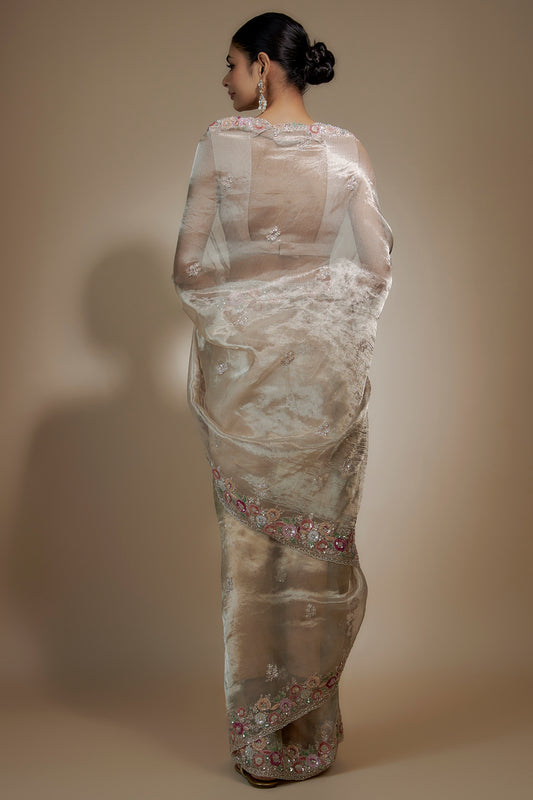 pink tissue organza sequin embellished saree set