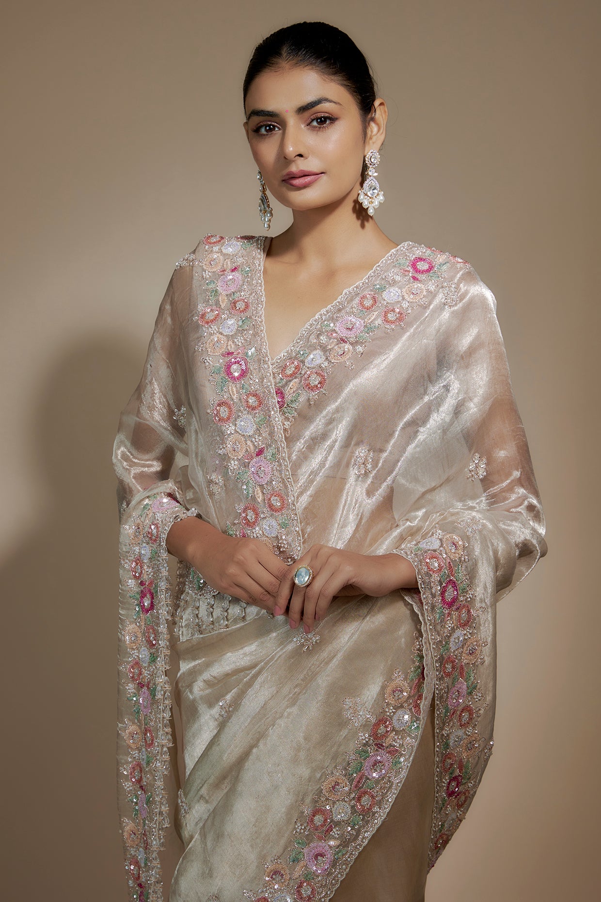 pink tissue organza sequin embellished saree set