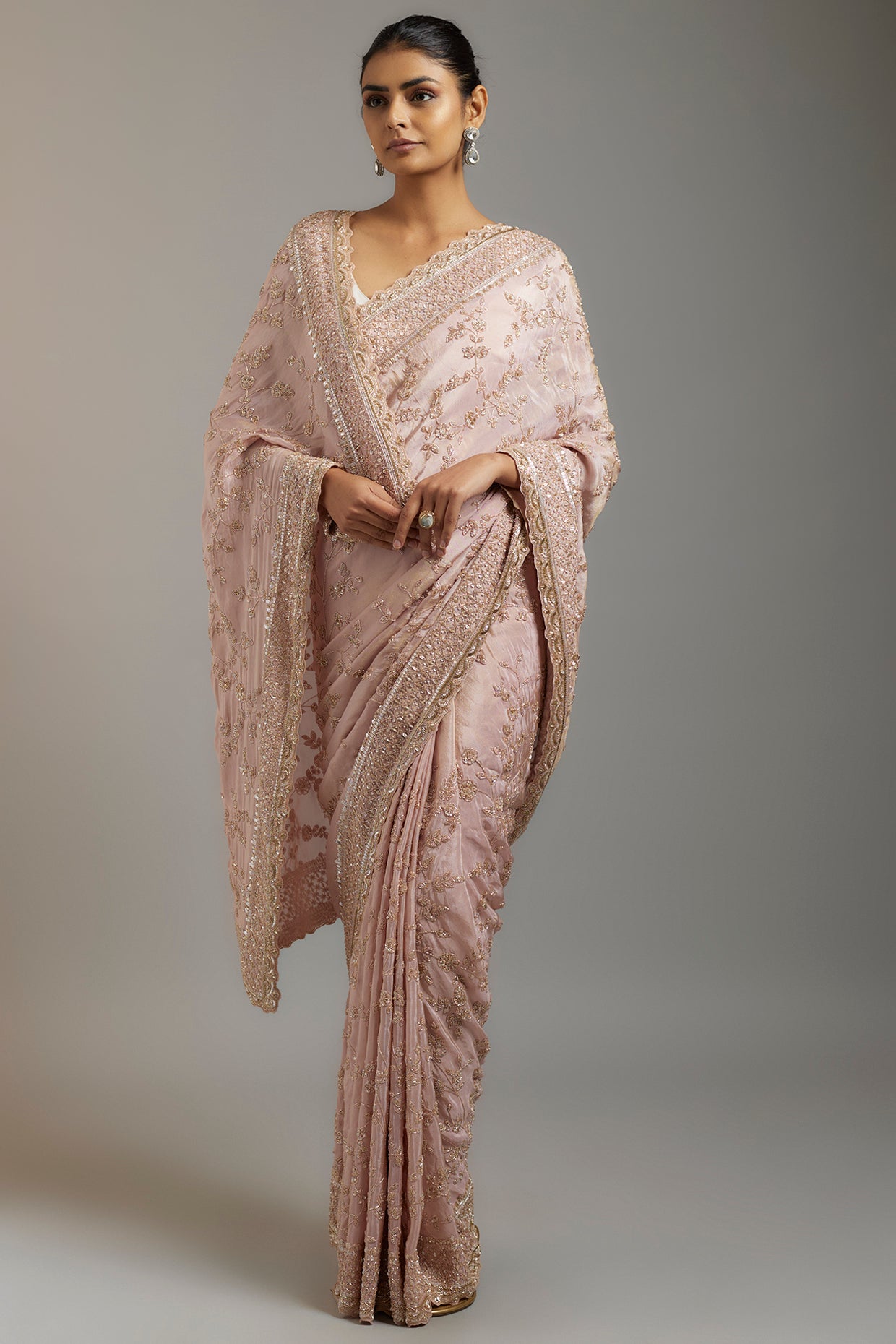 pink tissue organza sequins embellished saree set