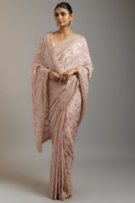 pink tissue organza sequins embellished saree set