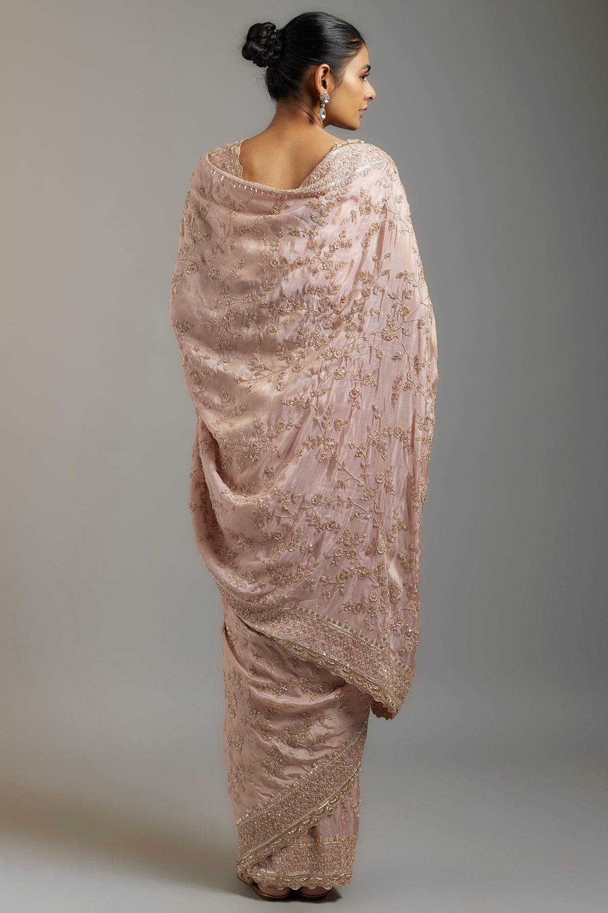 pink tissue organza sequins embellished saree set