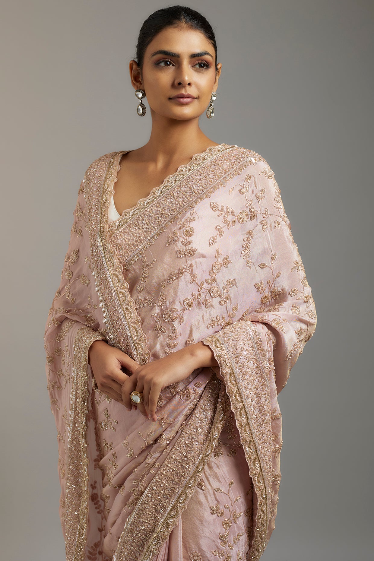 pink tissue organza sequins embellished saree set