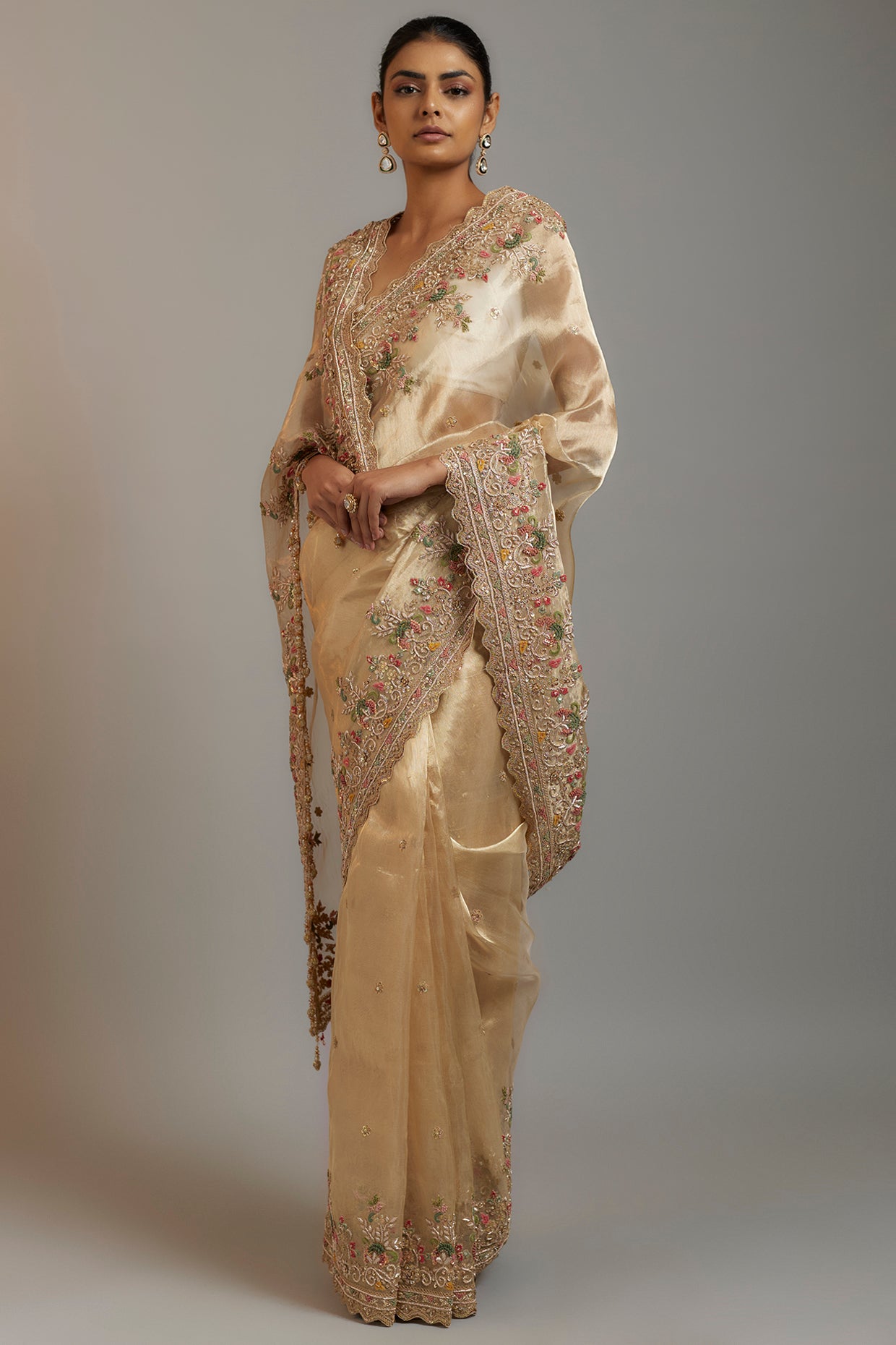 gold tissue organza sequins embellished saree set