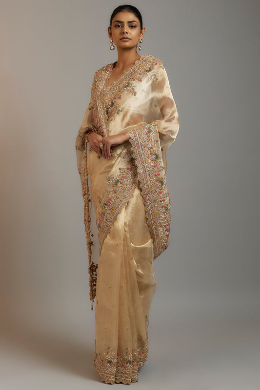 gold tissue organza sequins embellished saree set