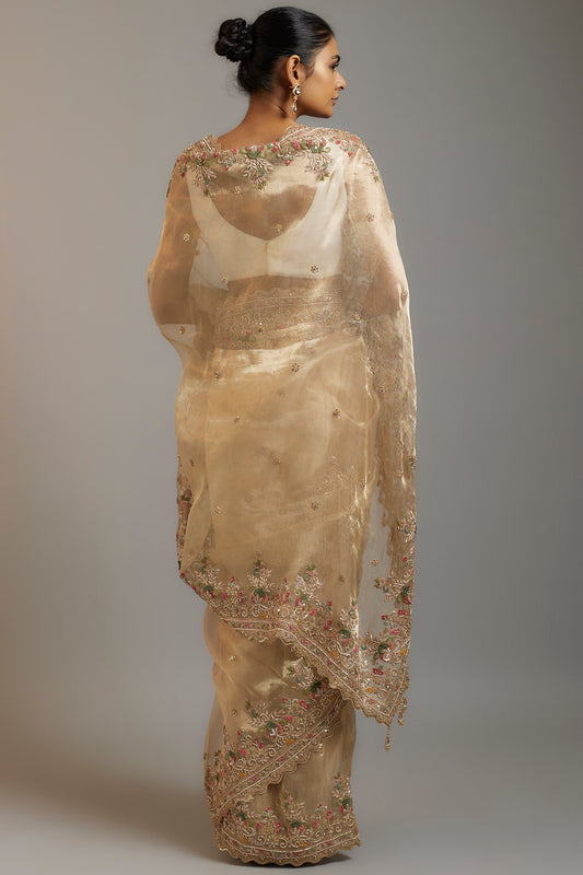 gold tissue organza sequins embellished saree set