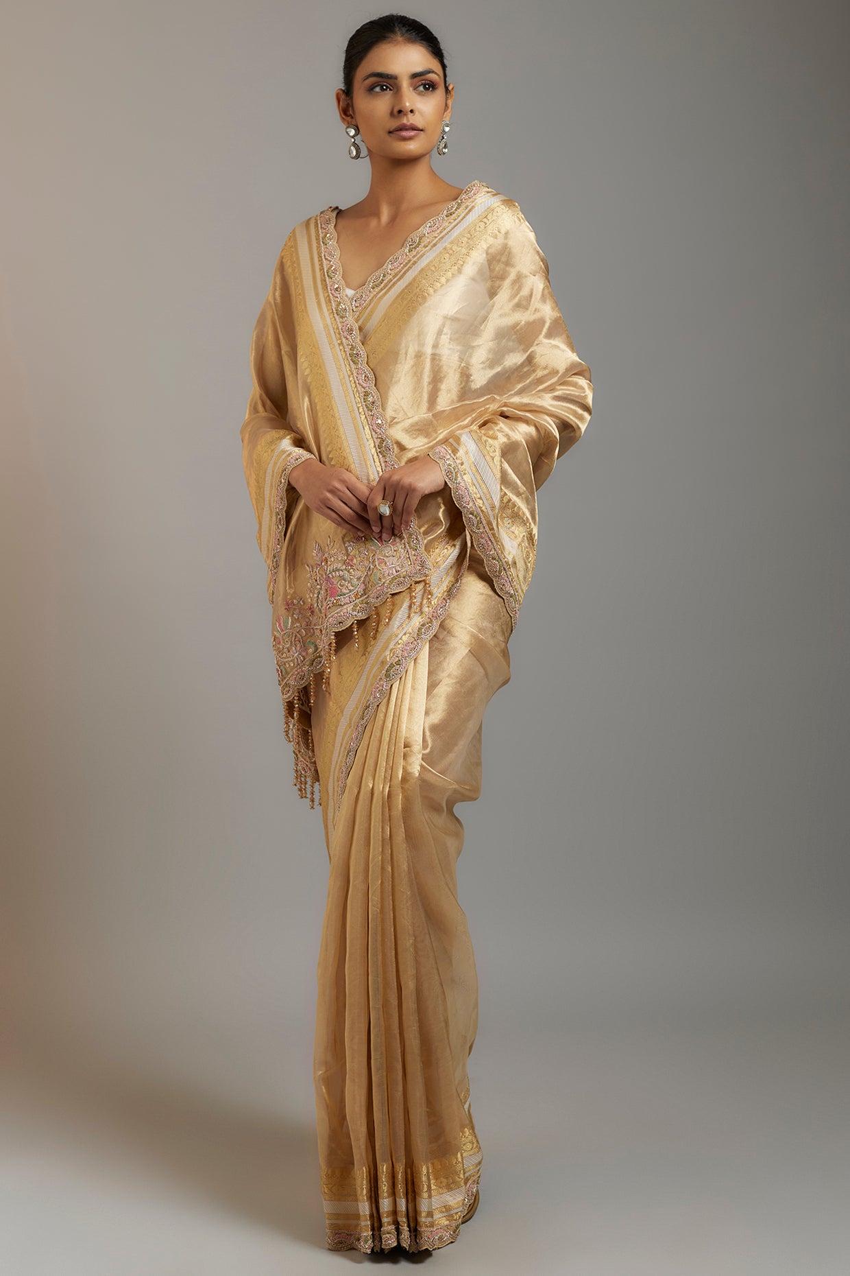 gold tissue organza sequins embellished saree set