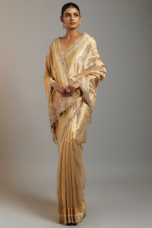 gold tissue organza sequins embellished saree set