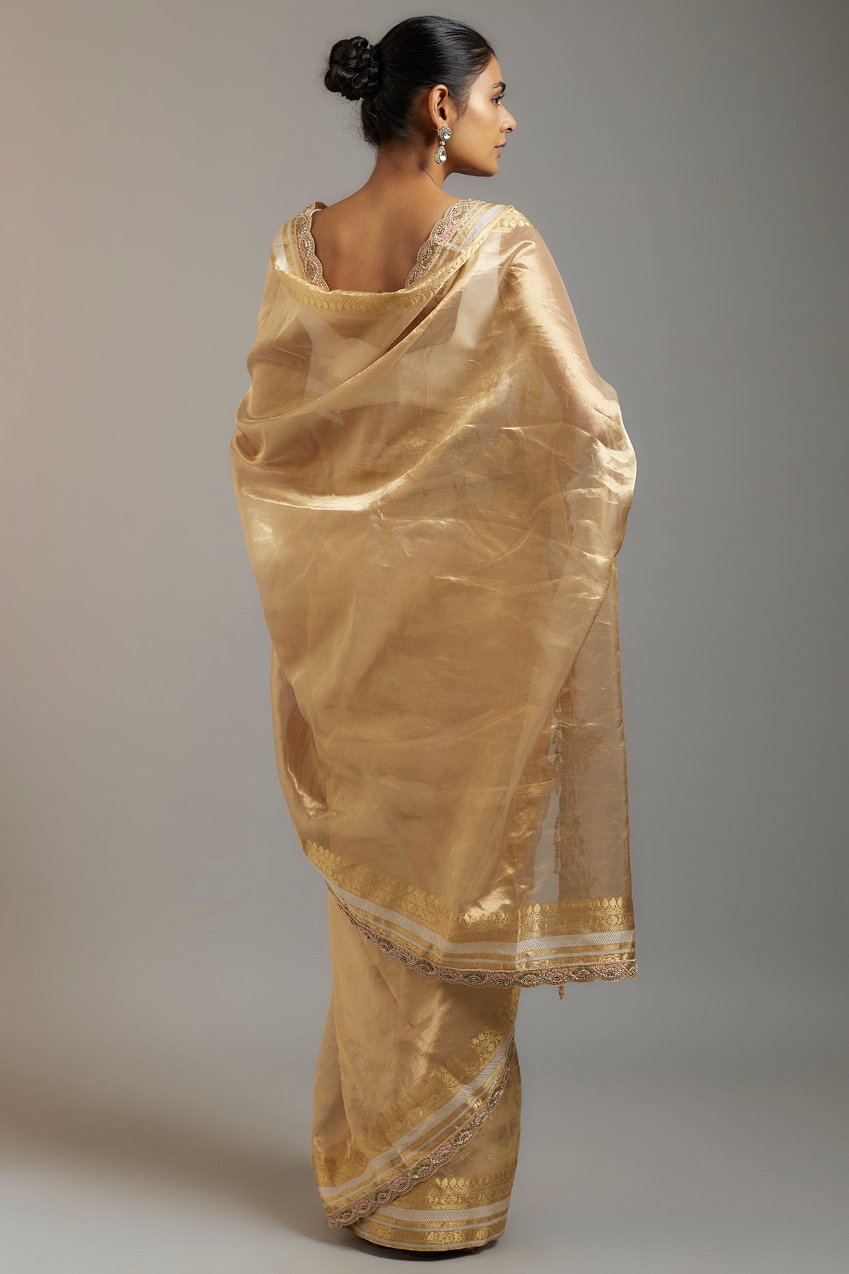 gold tissue organza sequins embellished saree set