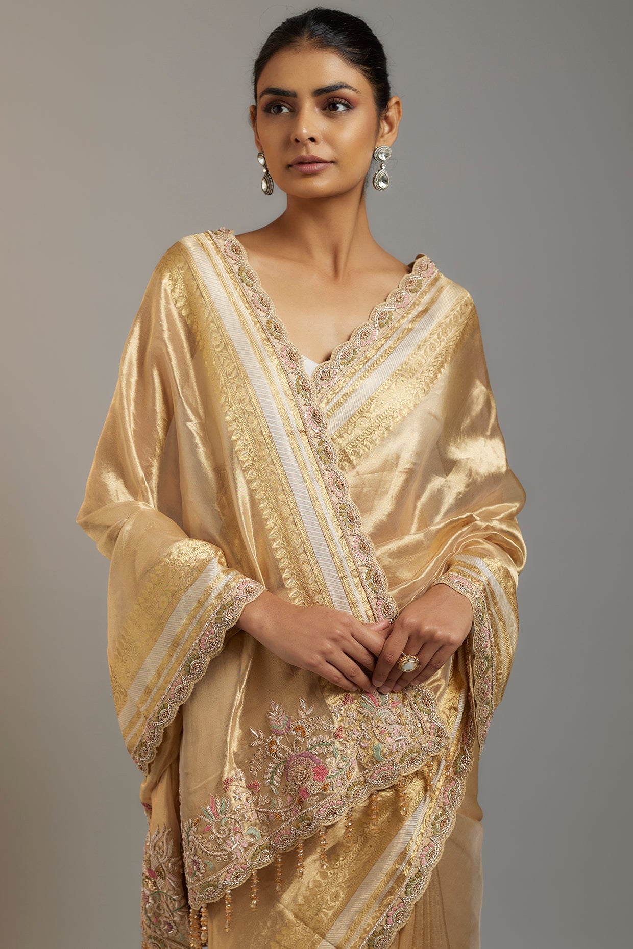gold tissue organza sequins embellished saree set