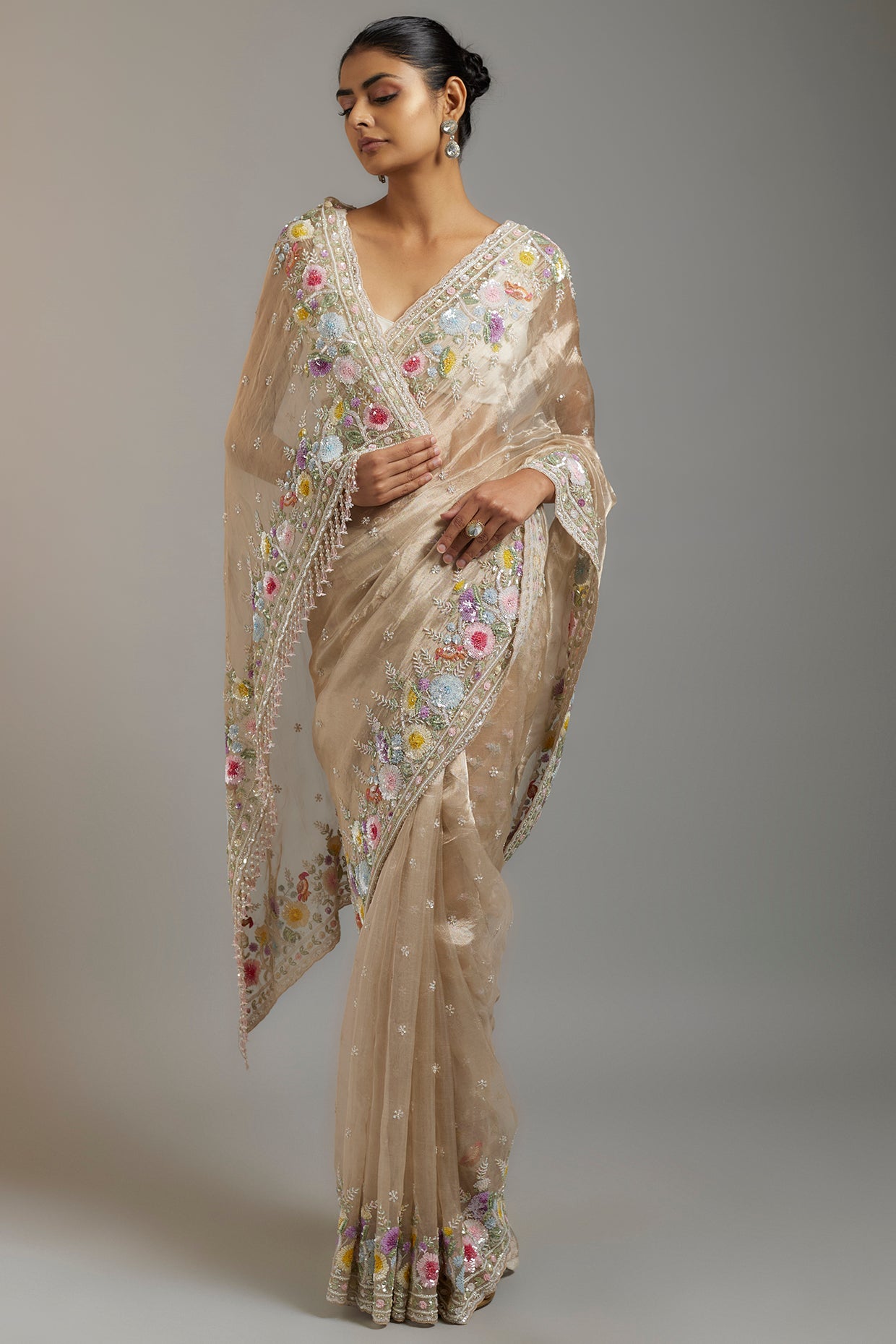 gold tissue organza sequins embellished saree set