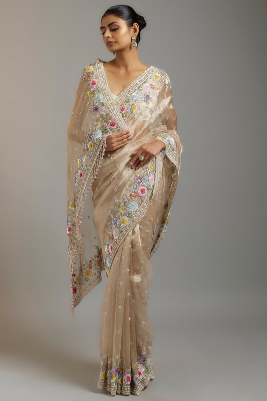 gold tissue organza sequins embellished saree set