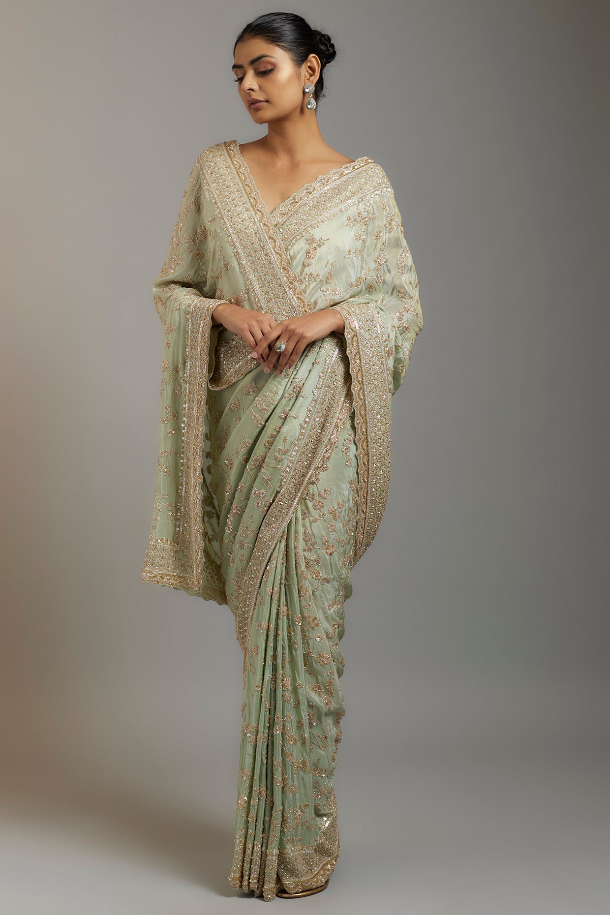 mint tissue organza sequins embellished saree set