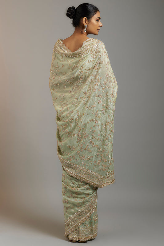 mint tissue organza sequins embellished saree set