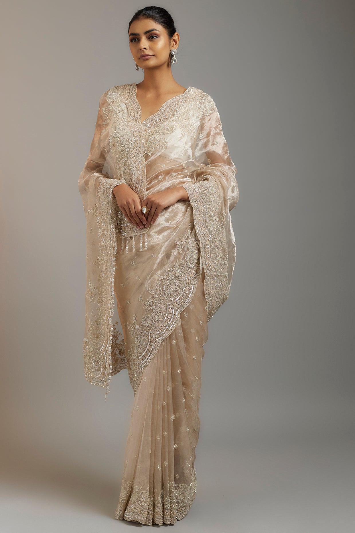 pink tissue organza sequins embellished saree set