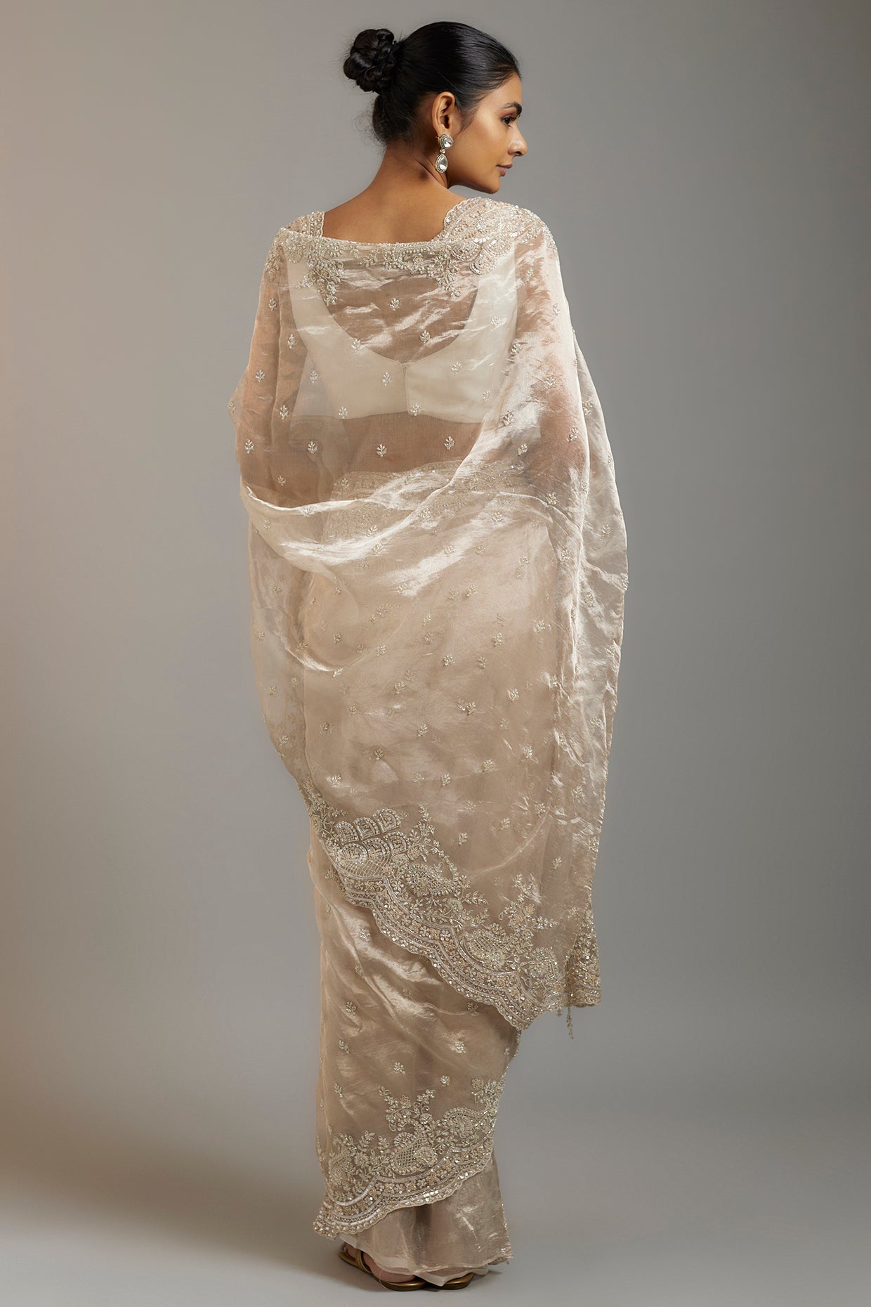 pink tissue organza sequins embellished saree set