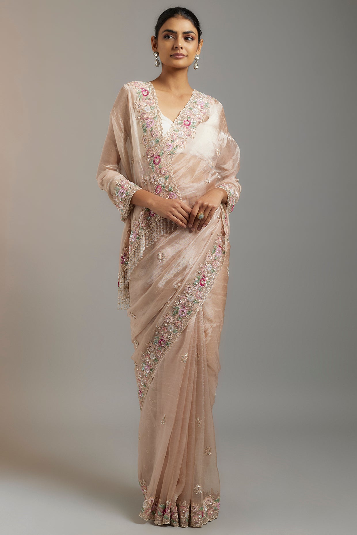 pink tissue organza sequins embellished saree set