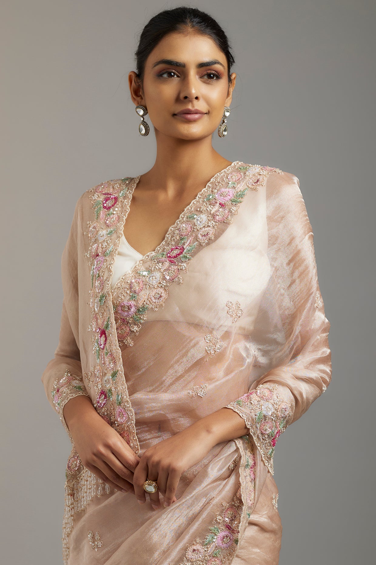 pink tissue organza sequins embellished saree set
