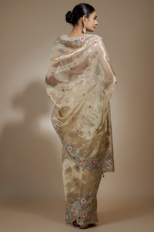 gold tissue organza sequin embellished saree set