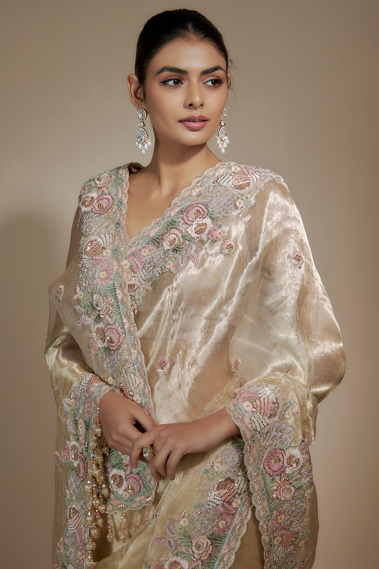 gold tissue organza sequin embellished saree set