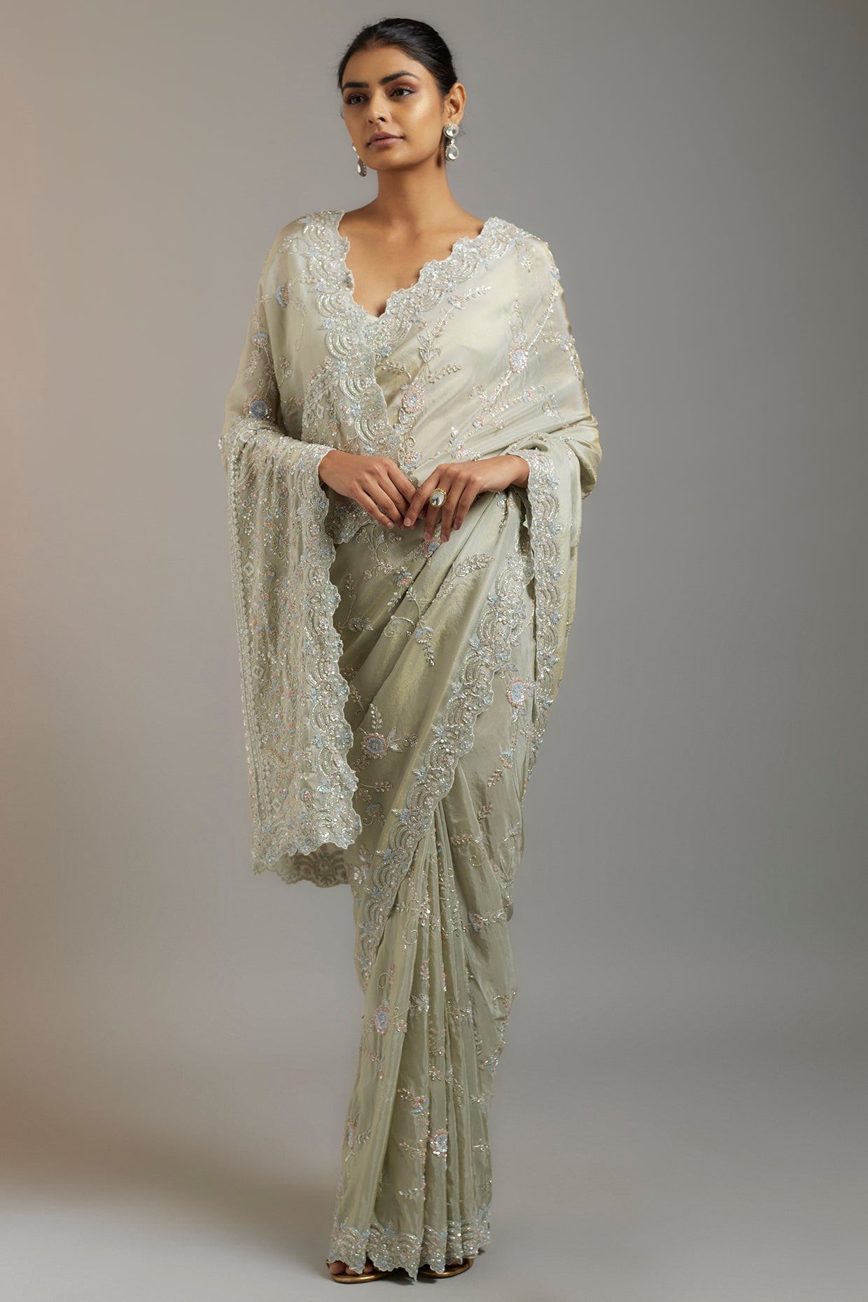 mint tissue organza sequins embellished saree set