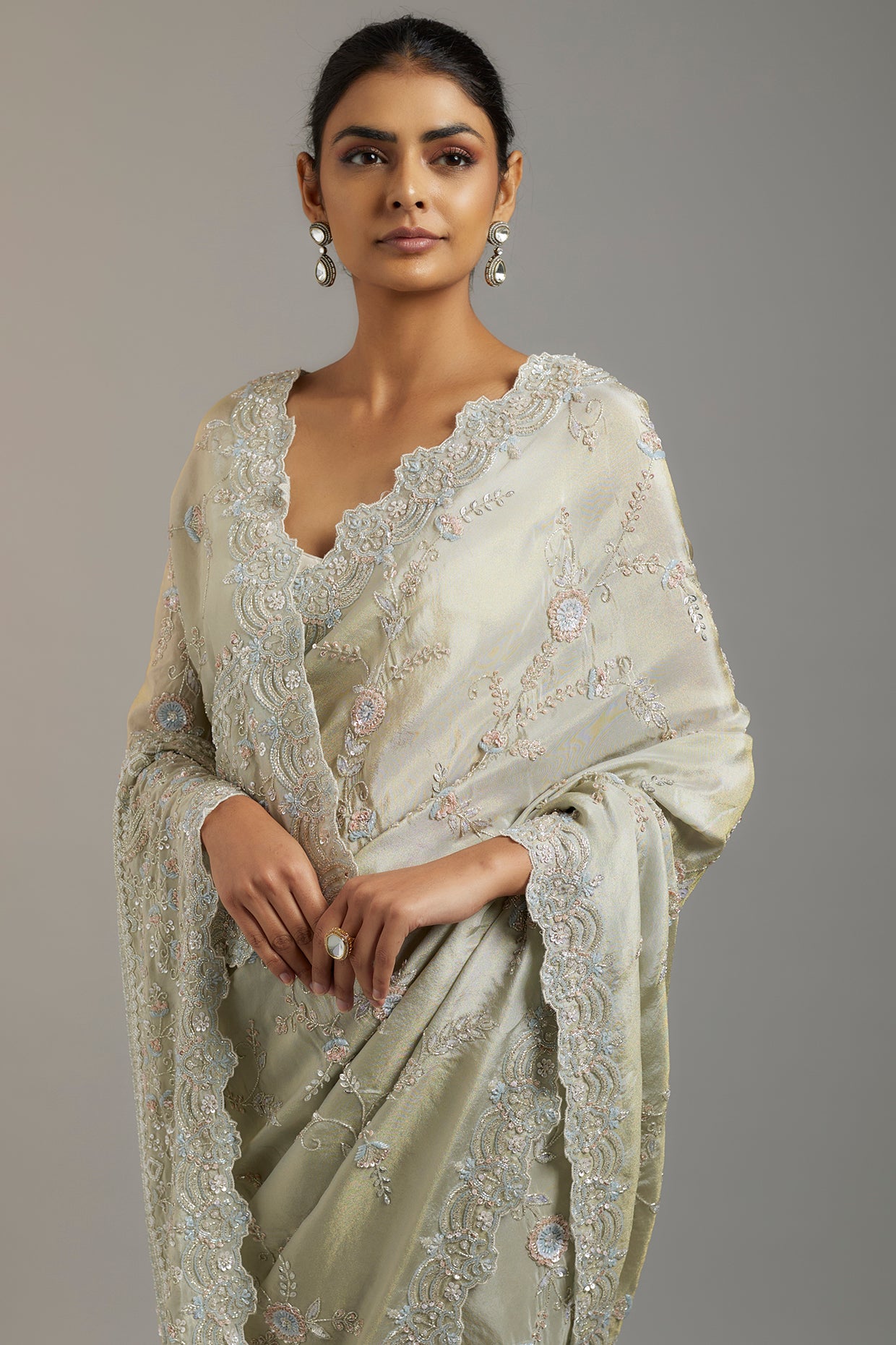 mint tissue organza sequins embellished saree set