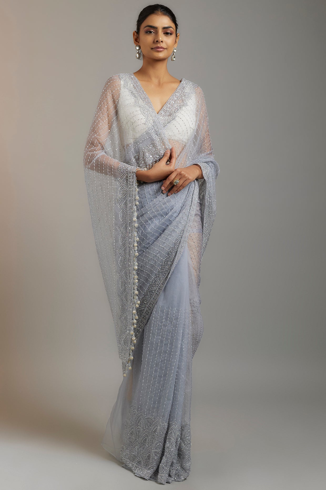ice blue tissue organza sequins embellished saree set