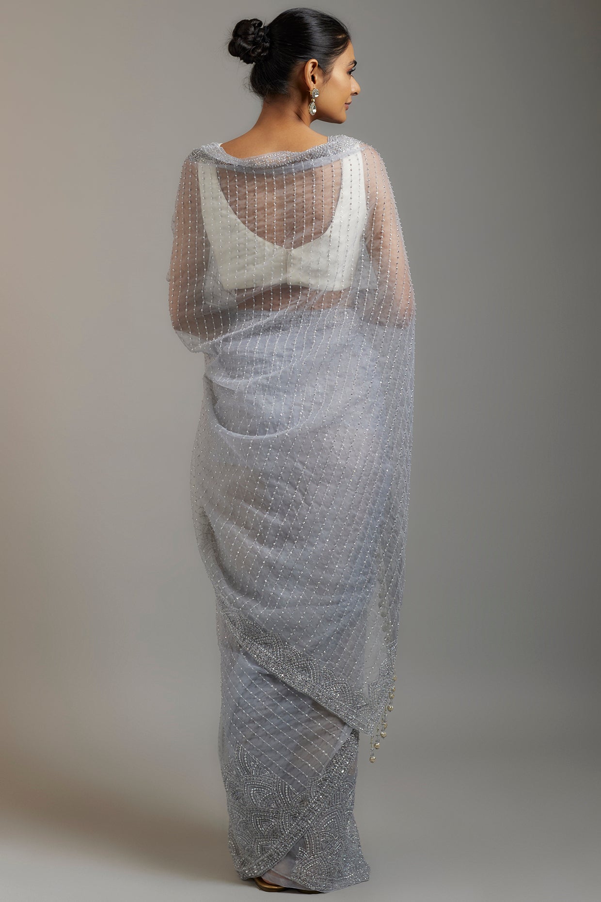 ice blue tissue organza sequins embellished saree set