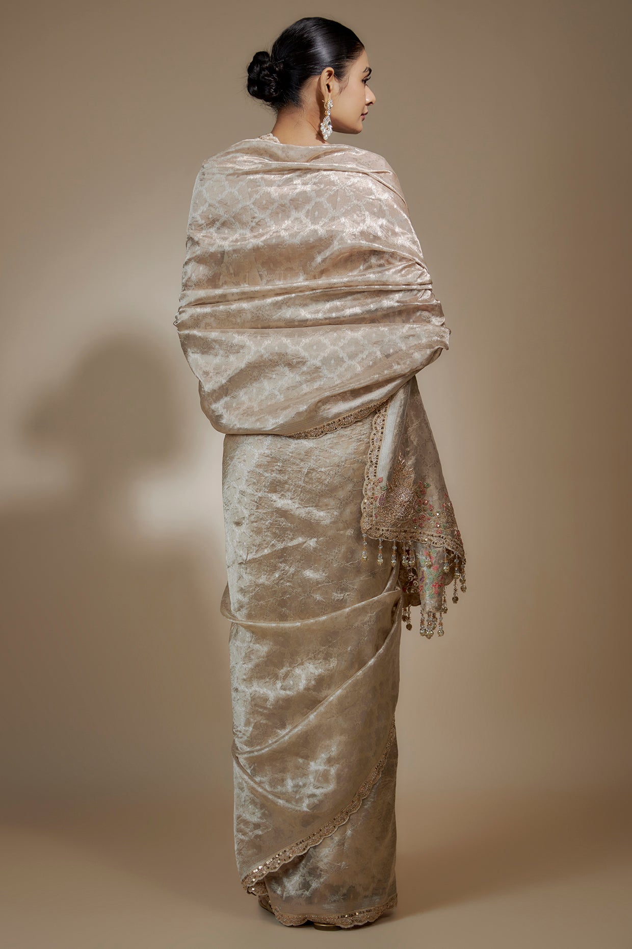 gold tissue organza sequin embellished saree set