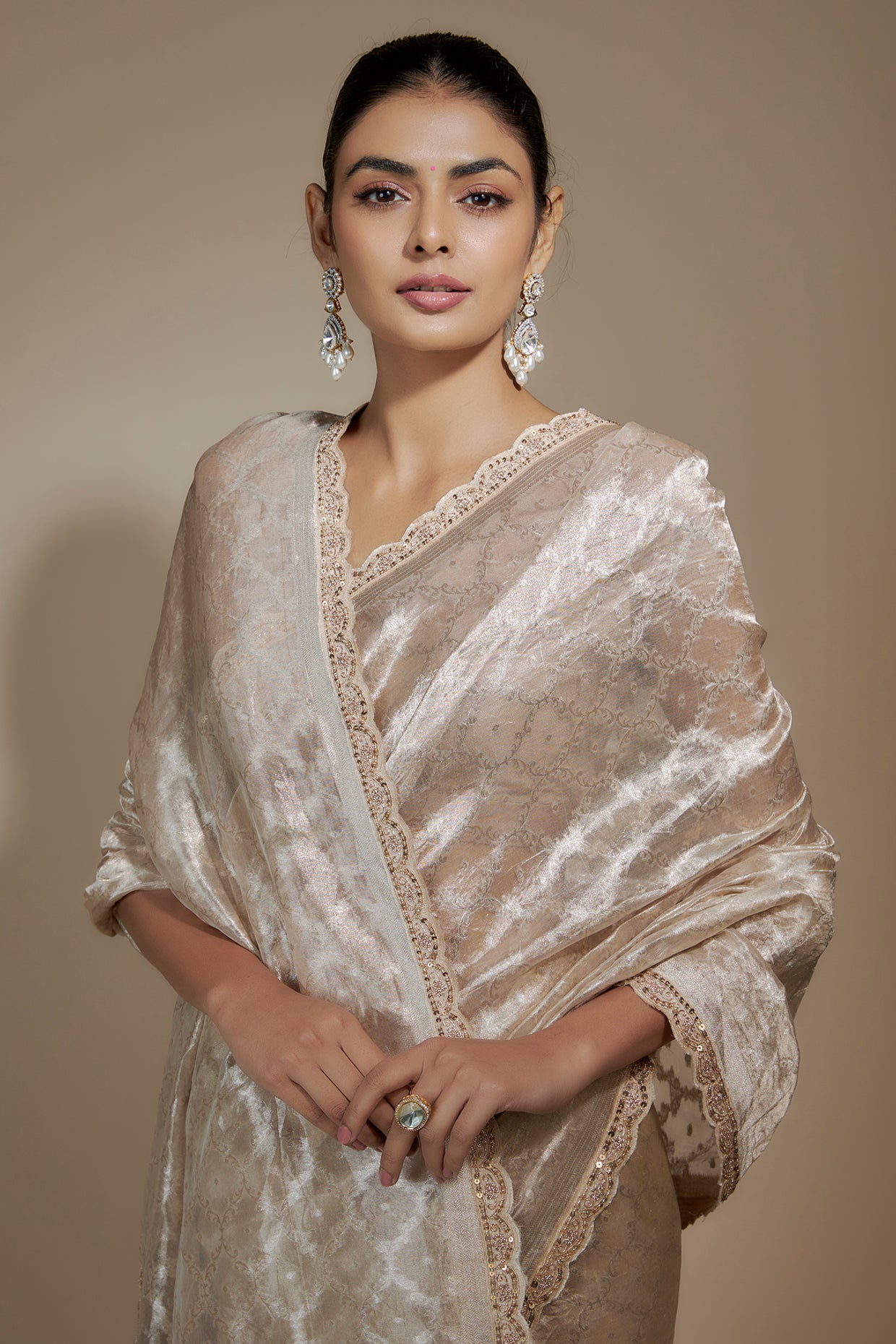 gold tissue organza sequin embellished saree set