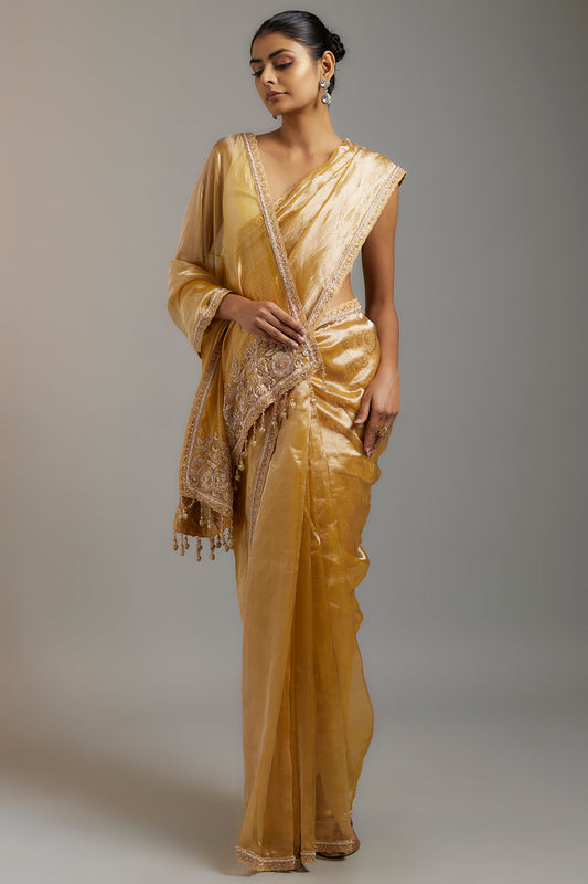 gold handloom tissue sequins embellished saree set