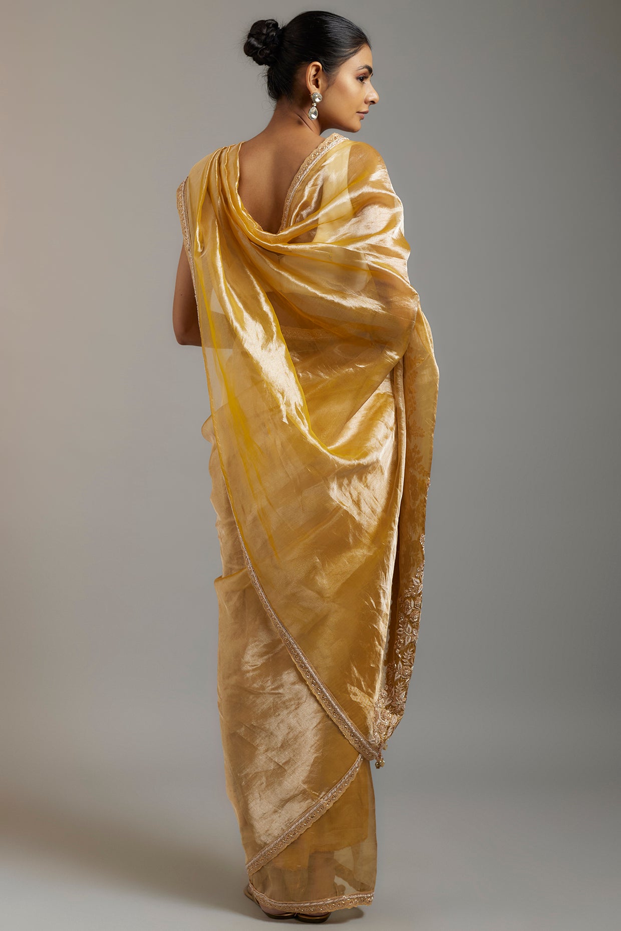gold handloom tissue sequins embellished saree set