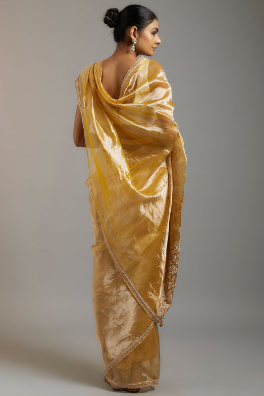 gold handloom tissue sequins embellished saree set