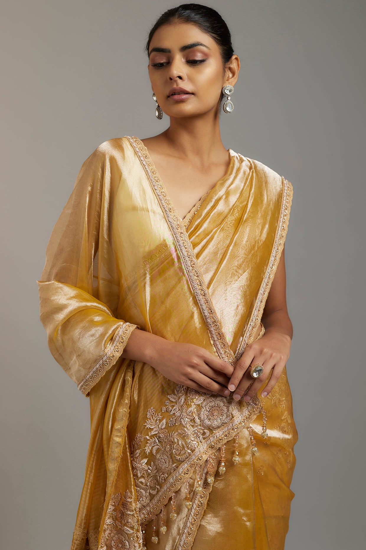 gold handloom tissue sequins embellished saree set