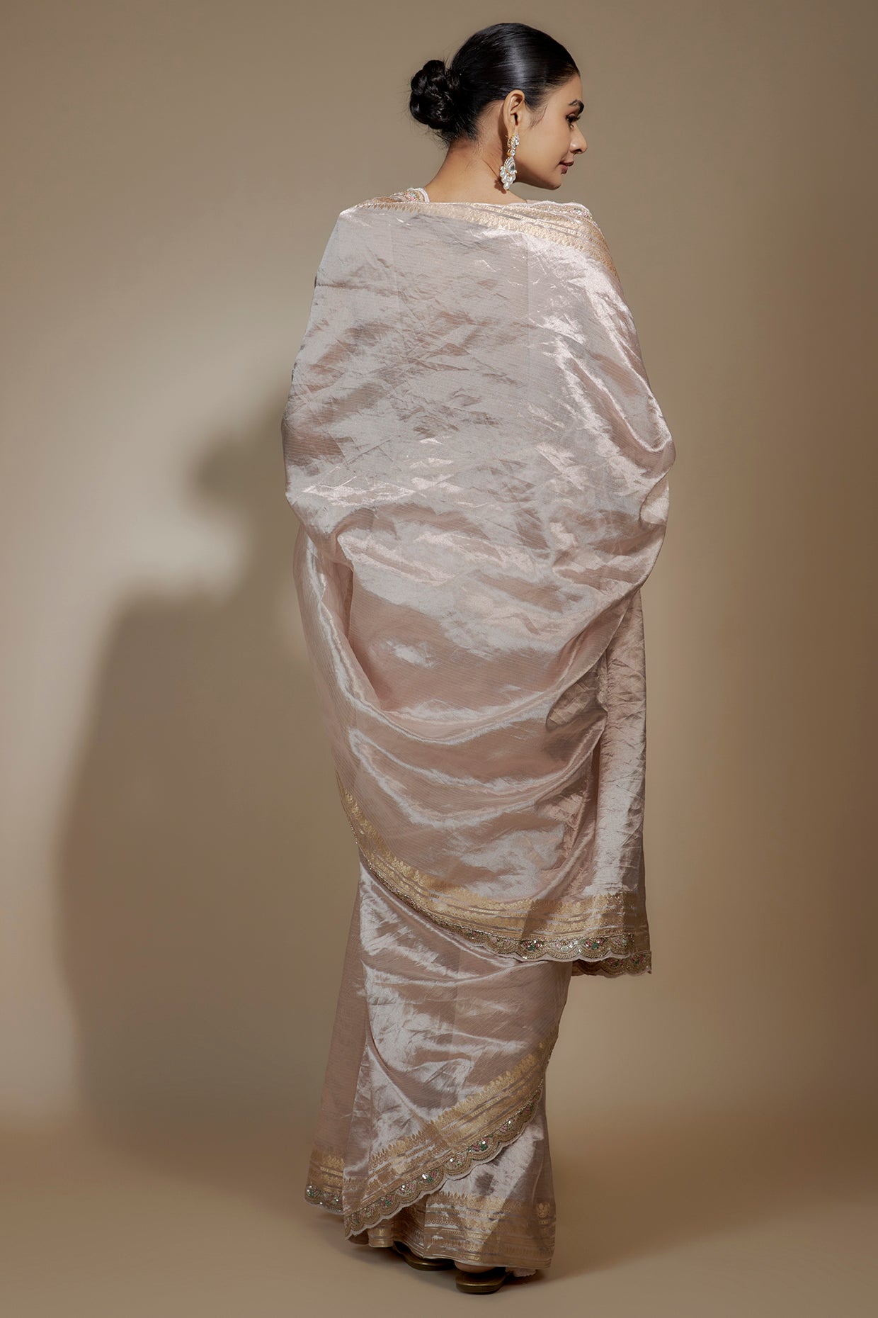 pink tissue organza sequin embellished saree set