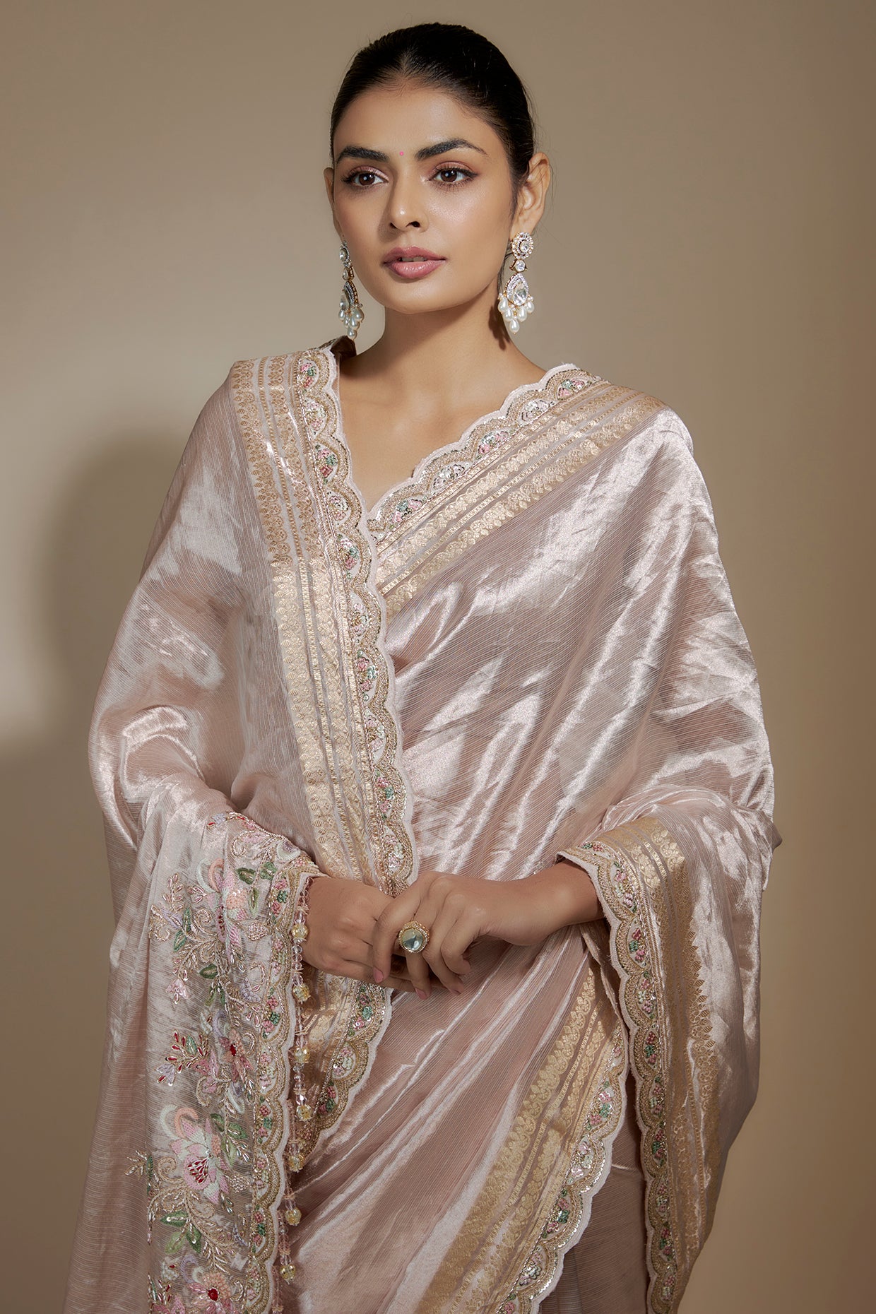 pink tissue organza sequin embellished saree set