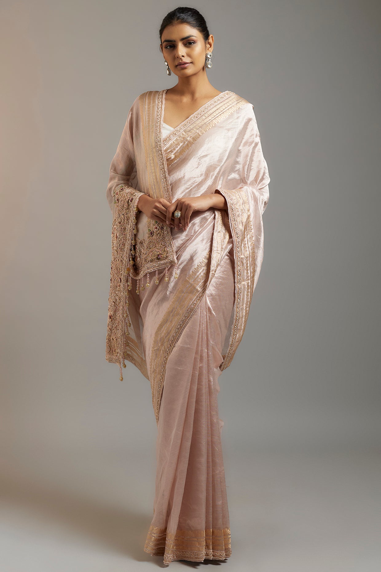 pink tissue organza sequins embellished saree set