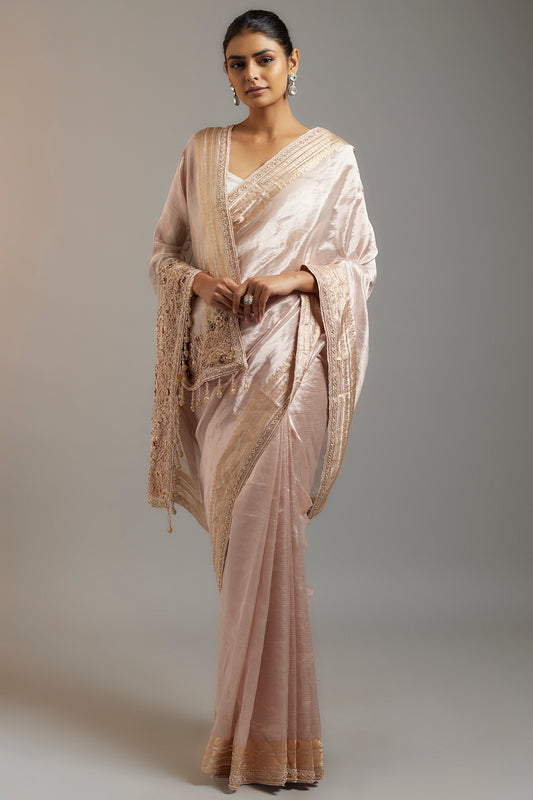 pink tissue organza sequins embellished saree set