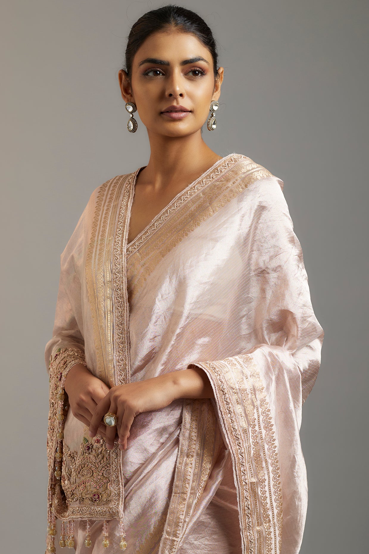 pink tissue organza sequins embellished saree set