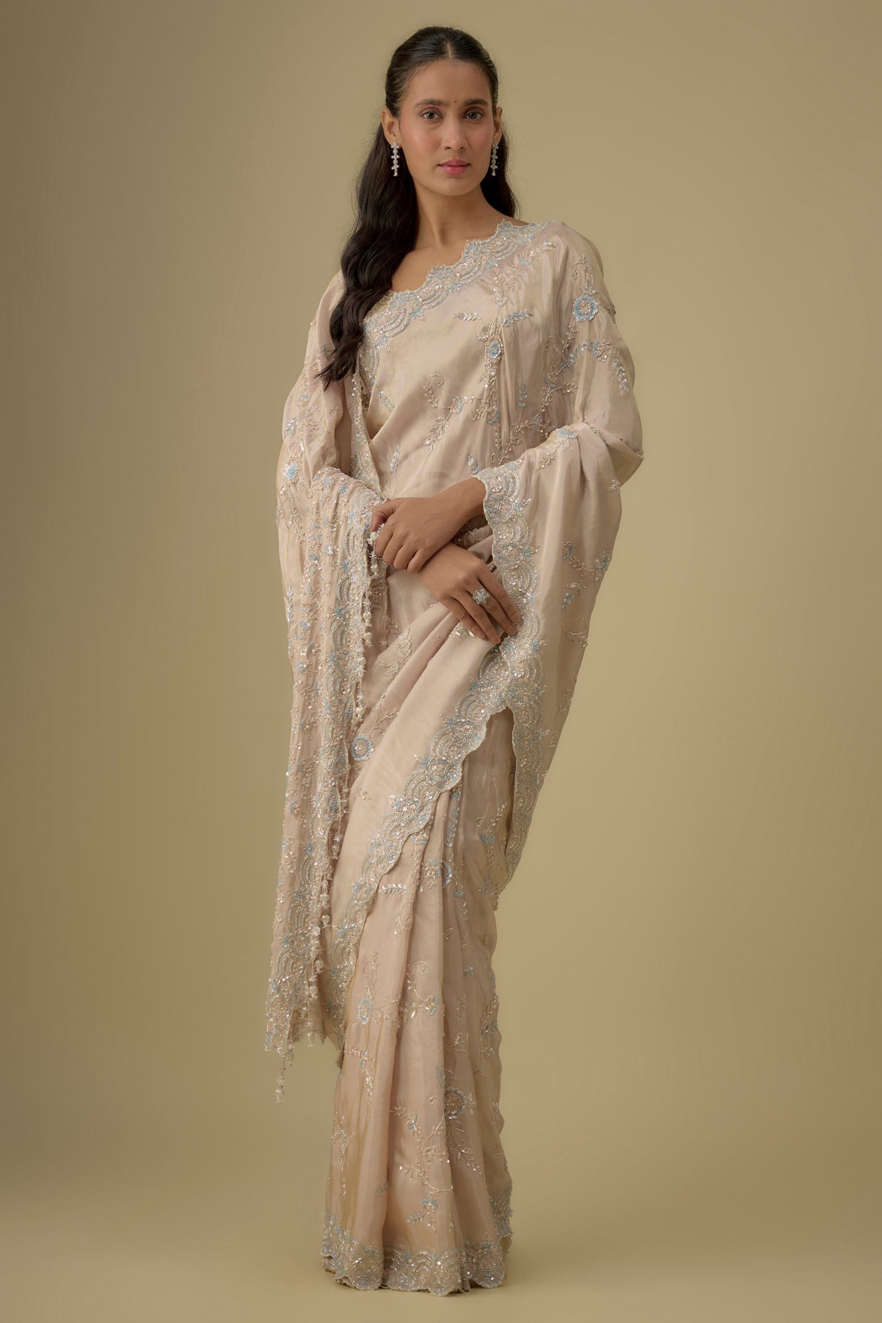 pink tissue hand & machine embroidered saree set