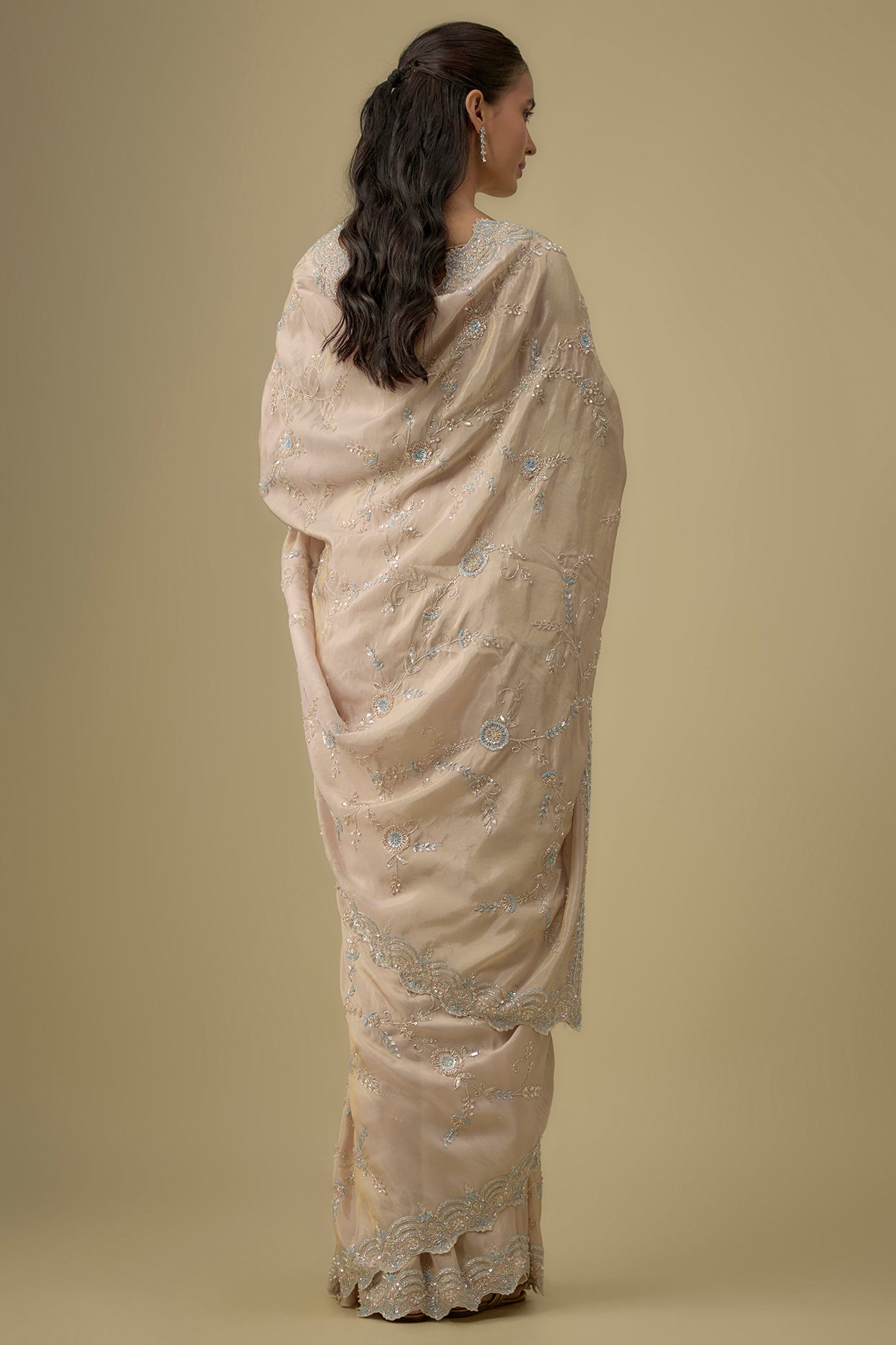 pink tissue hand & machine embroidered saree set