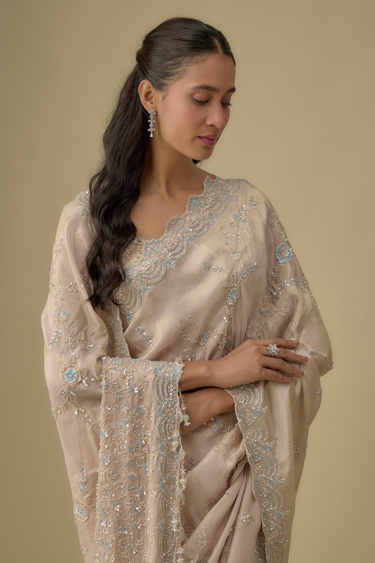 pink tissue hand & machine embroidered saree set