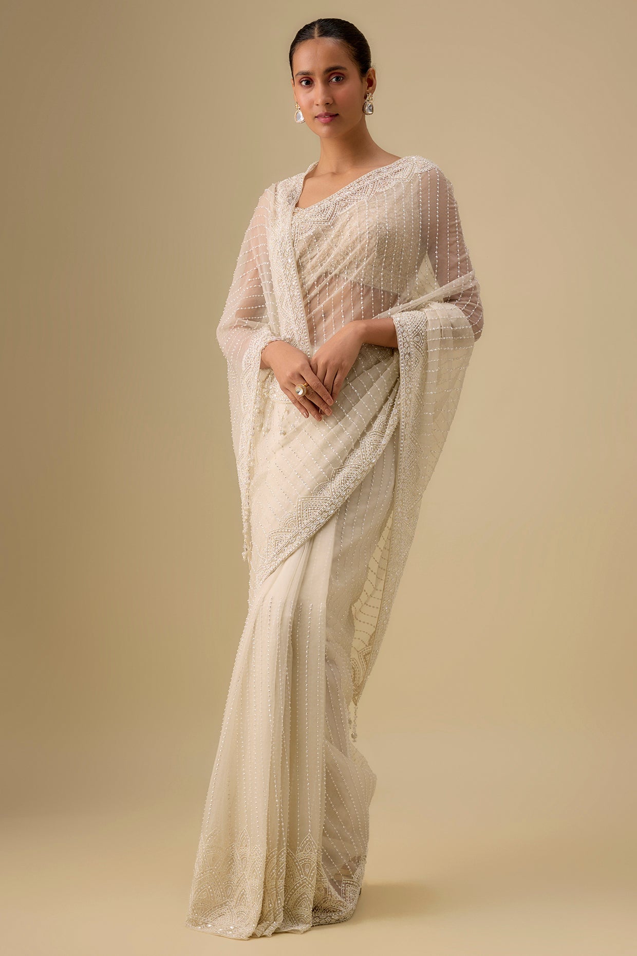 ivory organza hand & machine embroidered saree set