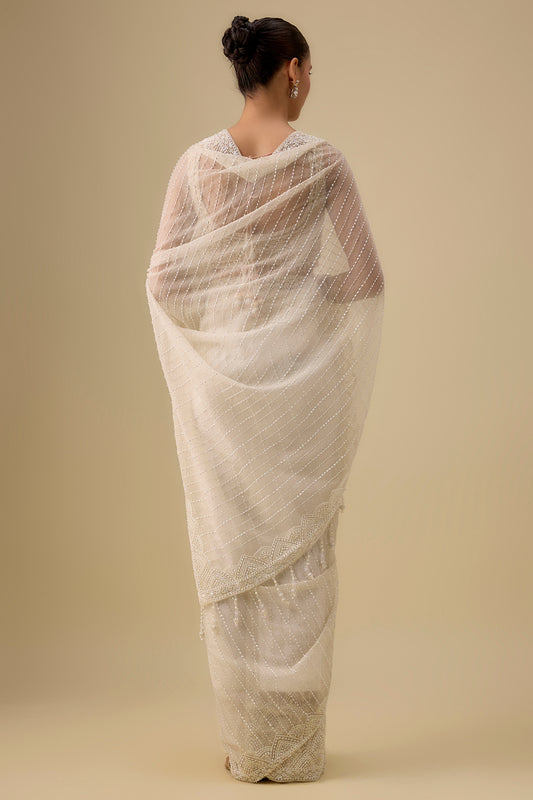 ivory organza hand & machine embroidered saree set