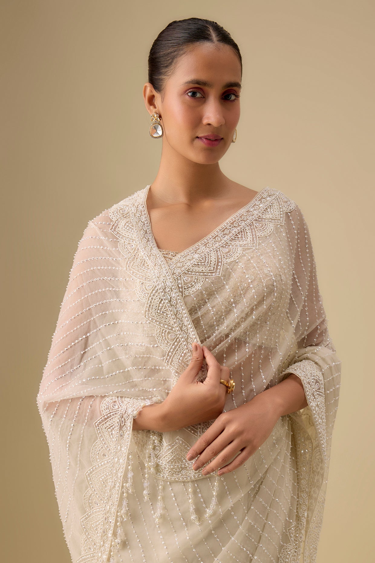 ivory organza hand & machine embroidered saree set