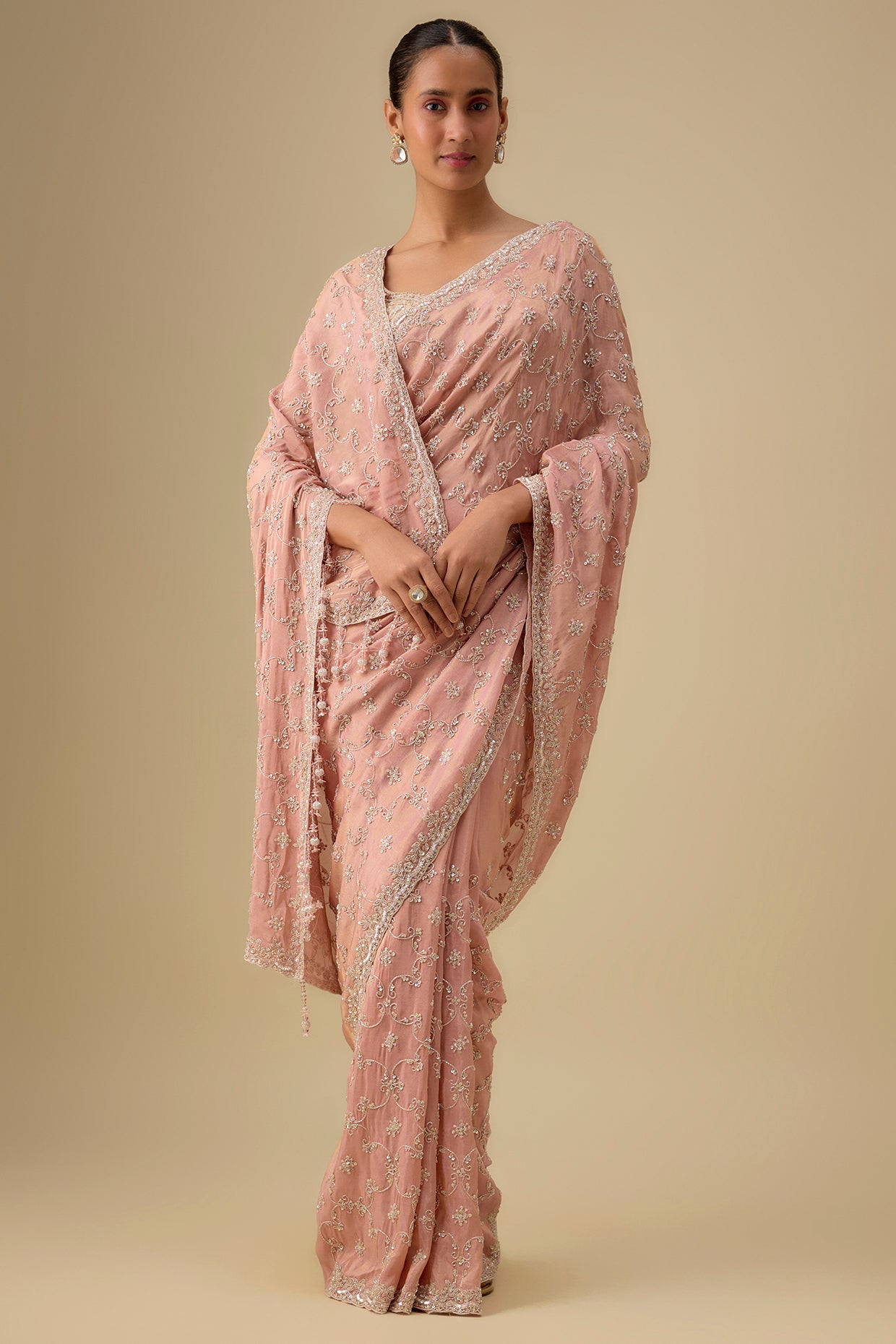pink tissue hand & machine embroidered saree set