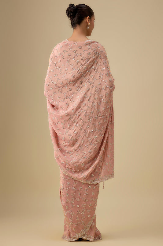 pink tissue hand & machine embroidered saree set